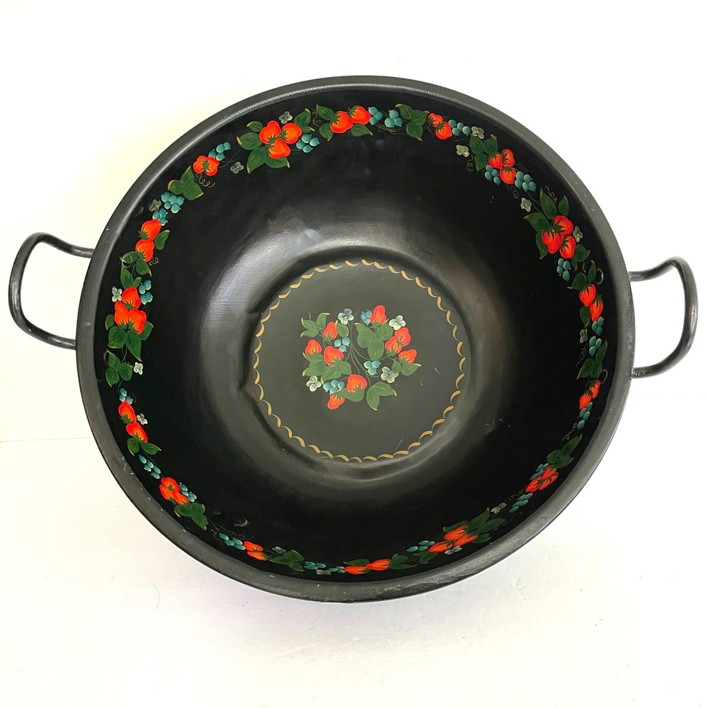 Vintage Hand Painted Toleware Metal Bowl Strawberry Blueberry Footed Basin 14.5"